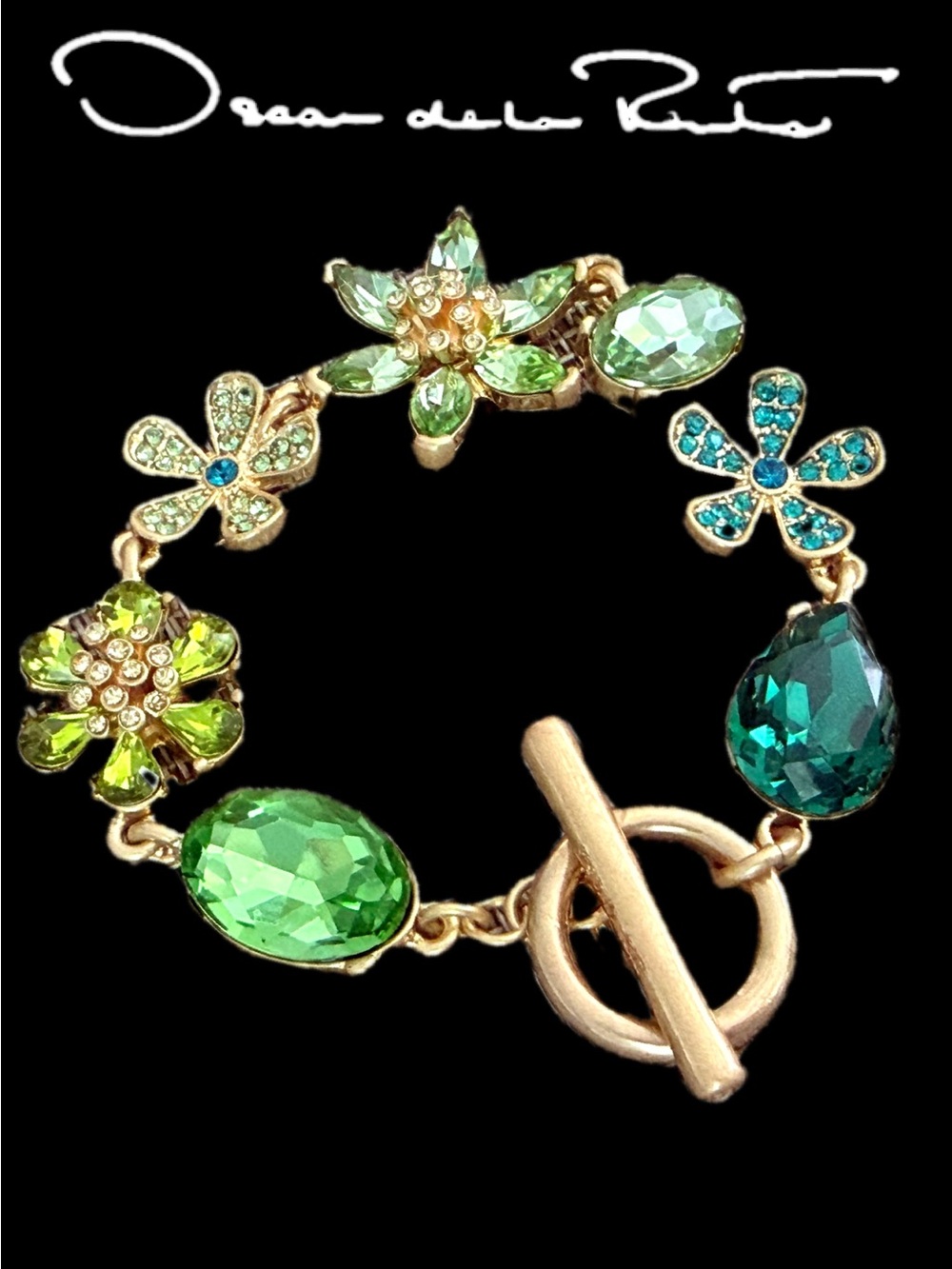 Oscar de la Renta Bracelet Emerald-Peridot Green Crystals Floral Toggle Signed